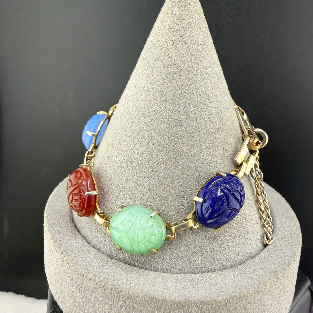 Vintage Scarab Link Bracelet Multi Color Gold Tone Carved Stones 7 READ